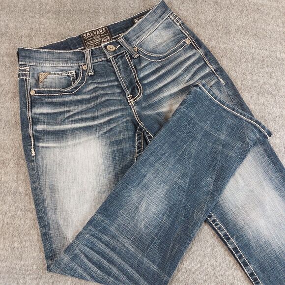 Salvage Other - Salvage Mayhem Straight Blue Jeans Men's 29R (Fit 31x31) Blue Distressed Stretch